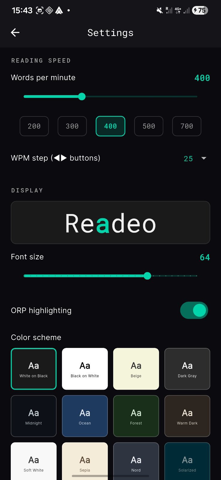 Settings — WPM, fonts, color schemes