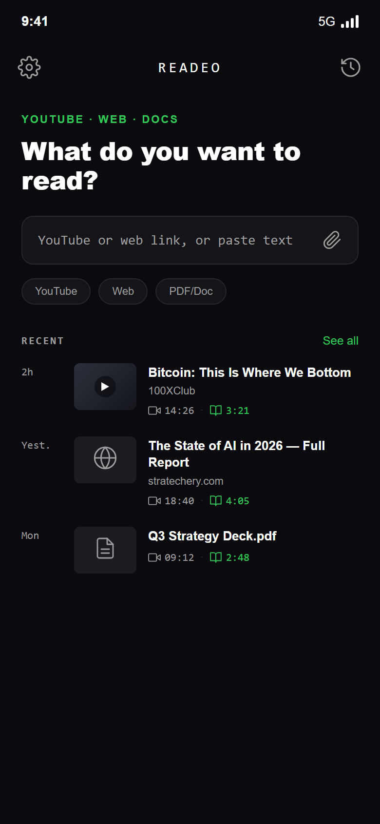 Home — paste a link or attach a file
